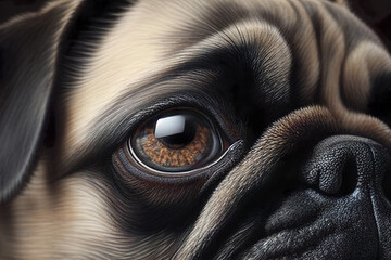 Head shot of a pug dog with big eyes. Generative AI.