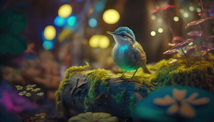  a small bird sitting on top of a moss covered tree stump in a forest filled with flowers and lights in the distance is a green light.  generative ai