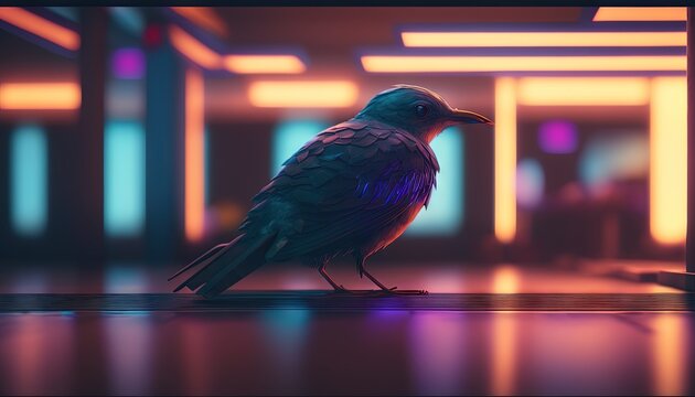  a bird sitting on the floor in a room with neon colored walls and floor to ceiling windows and a floor to ceiling hallway in the center of the room.  generative ai