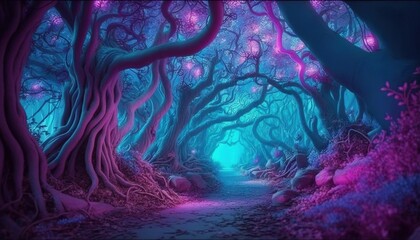 a painting of a path in a forest with purple lights on the trees and a path leading to a light at the end of the tunnel.  generative ai