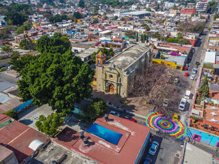 drone panoramic view of oaxaca city and a church in spring 2023 