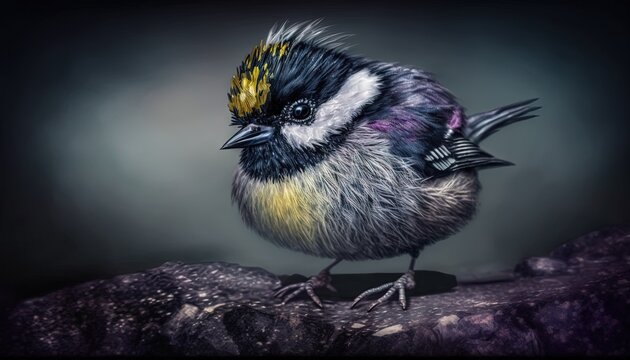  a small bird with a yellow crown on it's head sitting on top of a rock in a dark room with a black background.  generative ai
