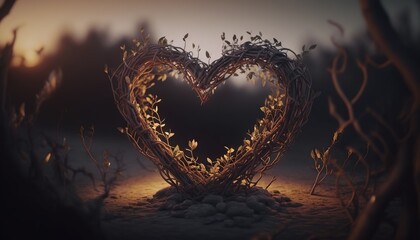  a heart shaped sculpture in the middle of a field with a sunset in the background and trees in the foreground, with leaves and branches in the foreground.  generative ai