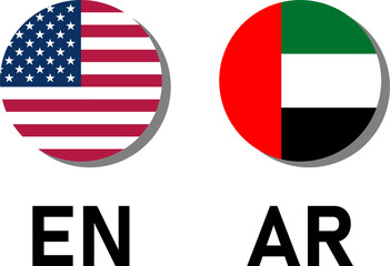 Round Flag Selection Button Badge Icon Set with USA United States of America and UAE United Arab Emirates Flags with Language Codes EN and AR for English and Arabic with 3D Style Shadow. Vector Image.