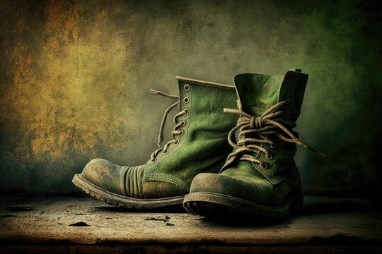 Green boots on old background. Generative AI