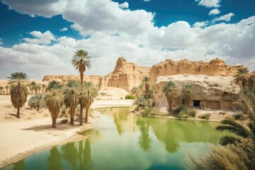 Cloudy daytime at the Egyptian tourist attraction of the Siwa oasis, featuring green palm trees and a backdrop of ancient limestone mountains. Generative AI