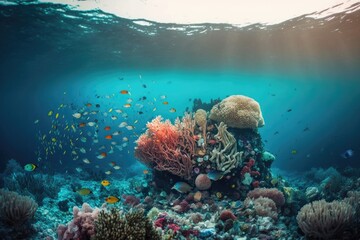 Beautiful coral reef smothered in trash at the bottom of the ocean. Egyptian Red Sea. Generative AI