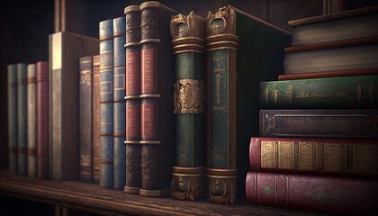 vintage books are arranged on a shelf, generative ai