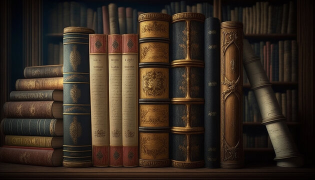 vintage books are arranged on a shelf, generative ai