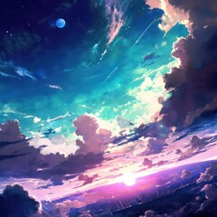 Beautiful anime wallpaper about sky view with glamorous rays. Generative AI.