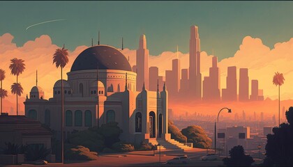 Fantasy city of Los Angeles skyline view featuring Griffith Observatory. Generative ai illustration in cartoon style. - 577099932