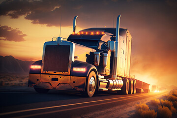 Cargo Trucks on the Highway at Sunset carrying merchendise. Beautiful Truck on the Road at sunrise. Ai generated