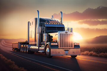 Cargo Trucks on the Highway at Sunset carrying merchendise. Beautiful Truck on the Road at sunrise. Ai generated