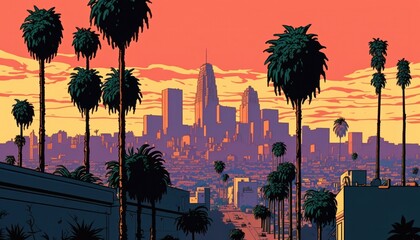 Fantasy city of Los Angeles skyline view. Generative ai illustration in cartoon style. - 577100143
