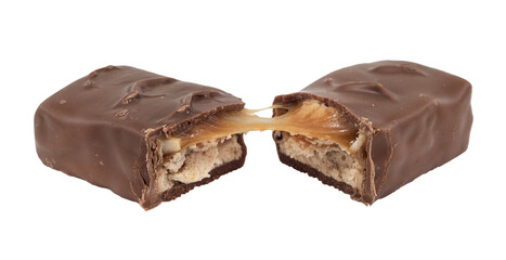 The chocolate bar is broken into two halves. Bar with nuts, nougat and caramel