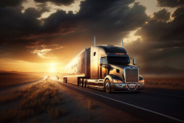 Obraz na płótnie Canvas Cargo Trucks on the Highway at Sunset carrying merchendise. Beautiful Truck on the Road at sunrise. Ai generated