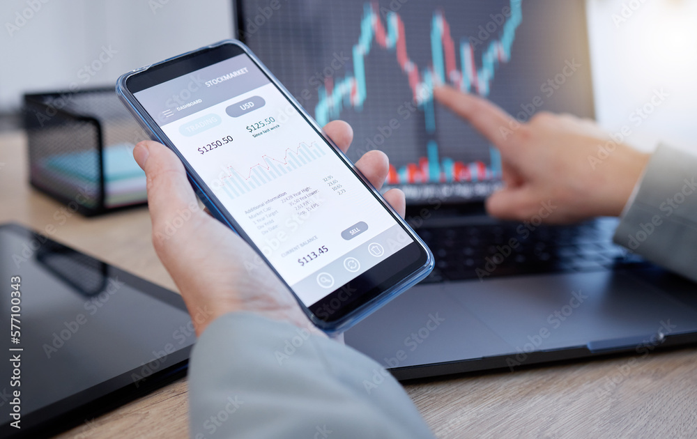 Poster Hands, phone and laptop in trading for cryptocurrency, NFT or blockchain monitoring candle stick chart of investment. Hand of trader or broker with smartphone app on stock market for ecommerce