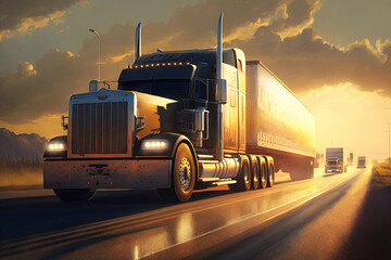 Cargo Trucks on the Highway at Sunset carrying merchendise. Beautiful Truck on the Road at sunrise. Ai generated