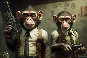 Monkeys dressed in business suits holding guns and rifles, with money strewn around them, highlighting the greed and corruption in human society. Ai generated - obrazy, fototapety, plakaty
