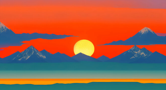 beautiful abstract mountain sunrise sunset landscape view  new quality universal joyful stock image illustration wallpaper design, Generative AI