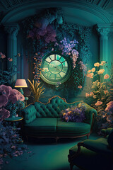 Architectural Digest photo of a maximalist green living room with lots of flowers and plants, golden light, hyperrealistic surrealism,