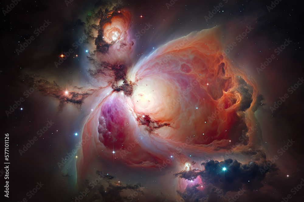 Wall mural m42 orion nebula.stacked image of the m42 orion nebula and the constellation. generative ai