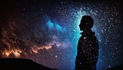 A surreal and ethereal depiction of a man's silhouette seen from the side view, floating amidst the clouds of the universe