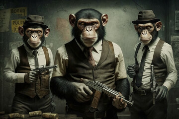 Monkeys dressed in business suits holding guns and rifles, with money strewn around them, highlighting the greed and corruption in human society. Ai generated