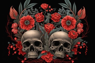 Skulls with red flowers on a black background, as a still life. Generative AI