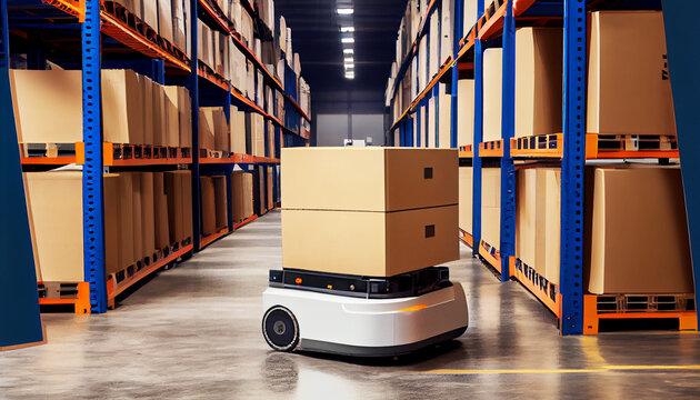 Future Technology Concept: Automated Retail Warehouse AGV Robots with Delivering Cardboard Boxes in Distribution Logistics Center. Automated Guided Vehicles Goods, Products, Packages.Generative AI
