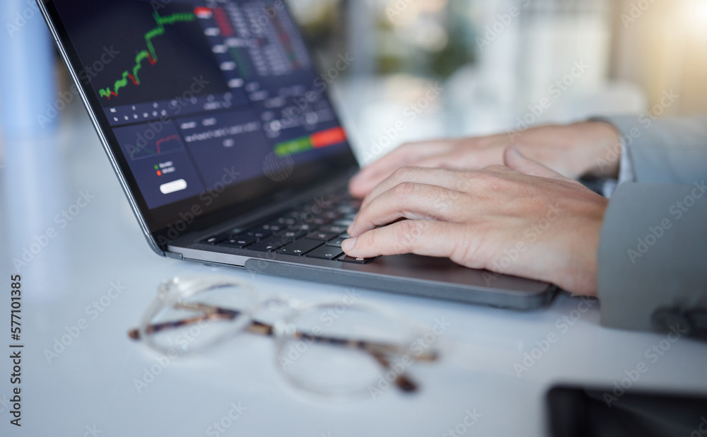 Poster hands, laptop and typing in trading for cryptocurrency, nft or blockchain monitoring, chart or profi