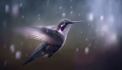  a hummingbird flying in the rain with it's wings spread wide and it's head turned to the side, with its beak open.  generative ai