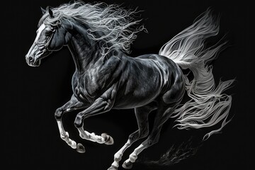 Obraz na płótnie Canvas The large, prancing offspring of a Friesian and an Andalusian horse is shown here from above, against a dark background. Generative AI
