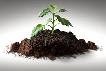 Young plant as it sprouts and grows from a pile of soil on a white background. Ai generated
