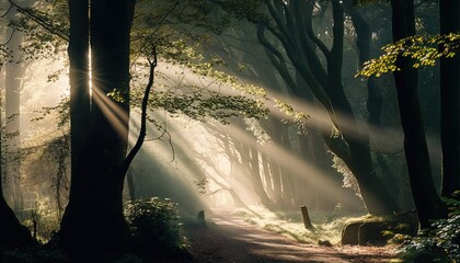  a path in a forest with sunbeams shining through the trees and a bench on the side of the road in the foreground.  generative ai