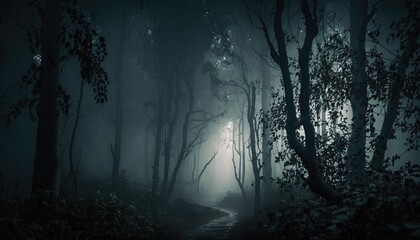 a dark forest with a trail leading through it and a light at the end of the trail in the middle of the forest is a foggy night.  generative ai
