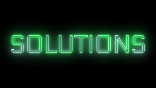 Bright neon glowing green solutions sign animation on black background.