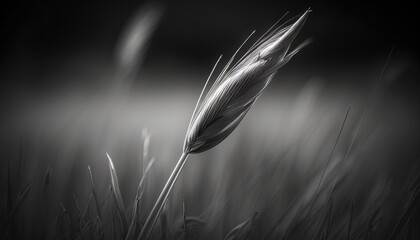  a black and white photo of a plant in the grass with a black background and a blurry image of the plant in the foreground.  generative ai