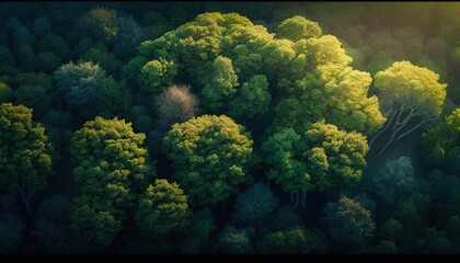  an aerial view of a green forest with lots of trees in the foreground and sunlight shining through the trees on the far side of the picture.  generative ai