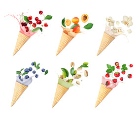 Set of ice cream cones with different flavors