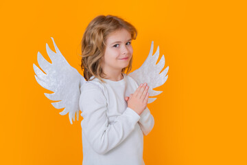 Angel child. Isolated studio shot. Cute kid with angel wings. Cupid, valentines day concept.
