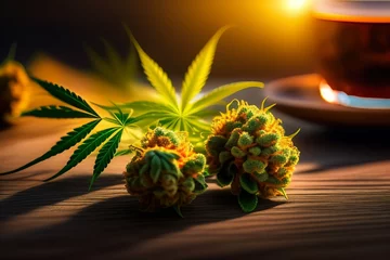 Fotobehang Cannabis flower on a wooden table. cannabis plant. weed. 420. Generative AI © David Santos Mendoza