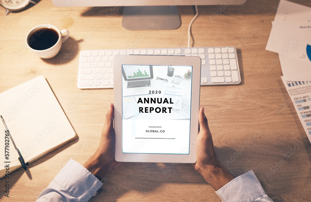 Poster Hands, tablet and digital report above for business statistics or analytics of corporate data at office desk. Top view of employee manager hand holding touchscreen display of company information