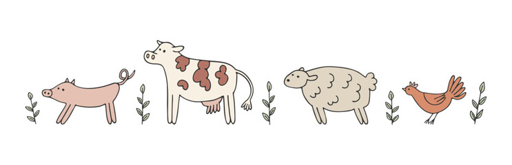 Set of cute farm animals with branches. Colored hand drawn linear illustration. Vector