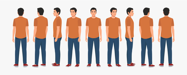 Indian Young Man Wearing T-shirt and Jeans, Character Front, side, back view and explainer animation poses