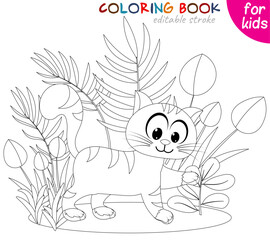 Striped kitten and plants. Coloring book page template for children.