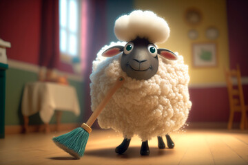 Little sheep cleaning its house with broom and cleaning tools - obrazy, fototapety, plakaty