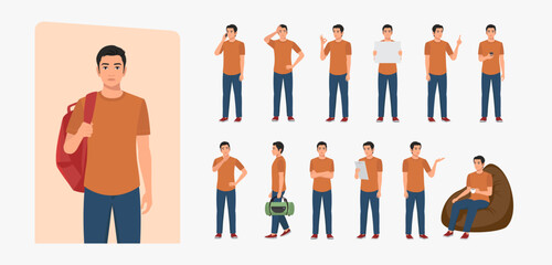 Indian Young Man Wearing T-shirt and Jeans, Character set Different poses and emotions