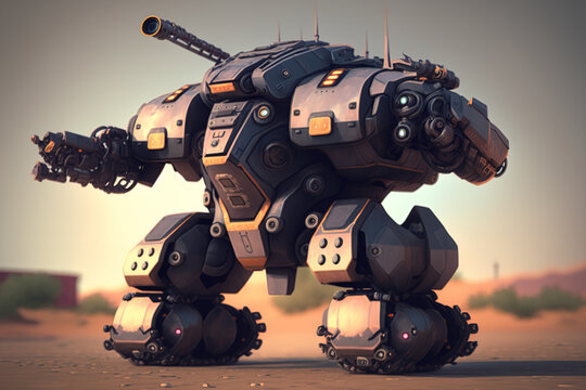 Robot Futuristic Police armored mech weapon with action background. Generative AI