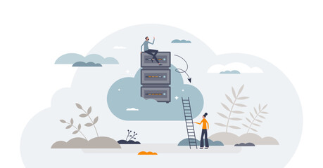Cloud server with database upload for information storage tiny person concept, transparent background. File backup solution with wireless sync technology illustration.